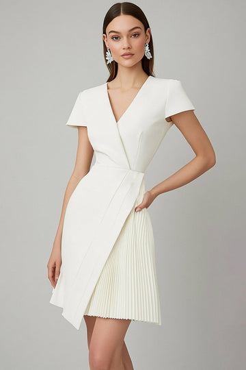 White Satin V-Neck A Line Graduation Dress with Short Sleeves